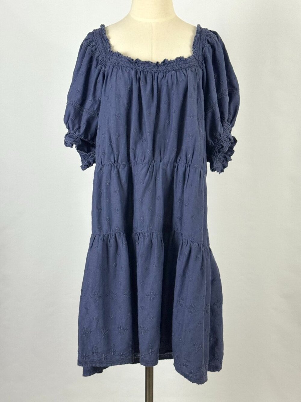 Old Navy Blue Embroidered Tiered Puff Sleeve Dress Sz 3X Elastic Waist Smocked